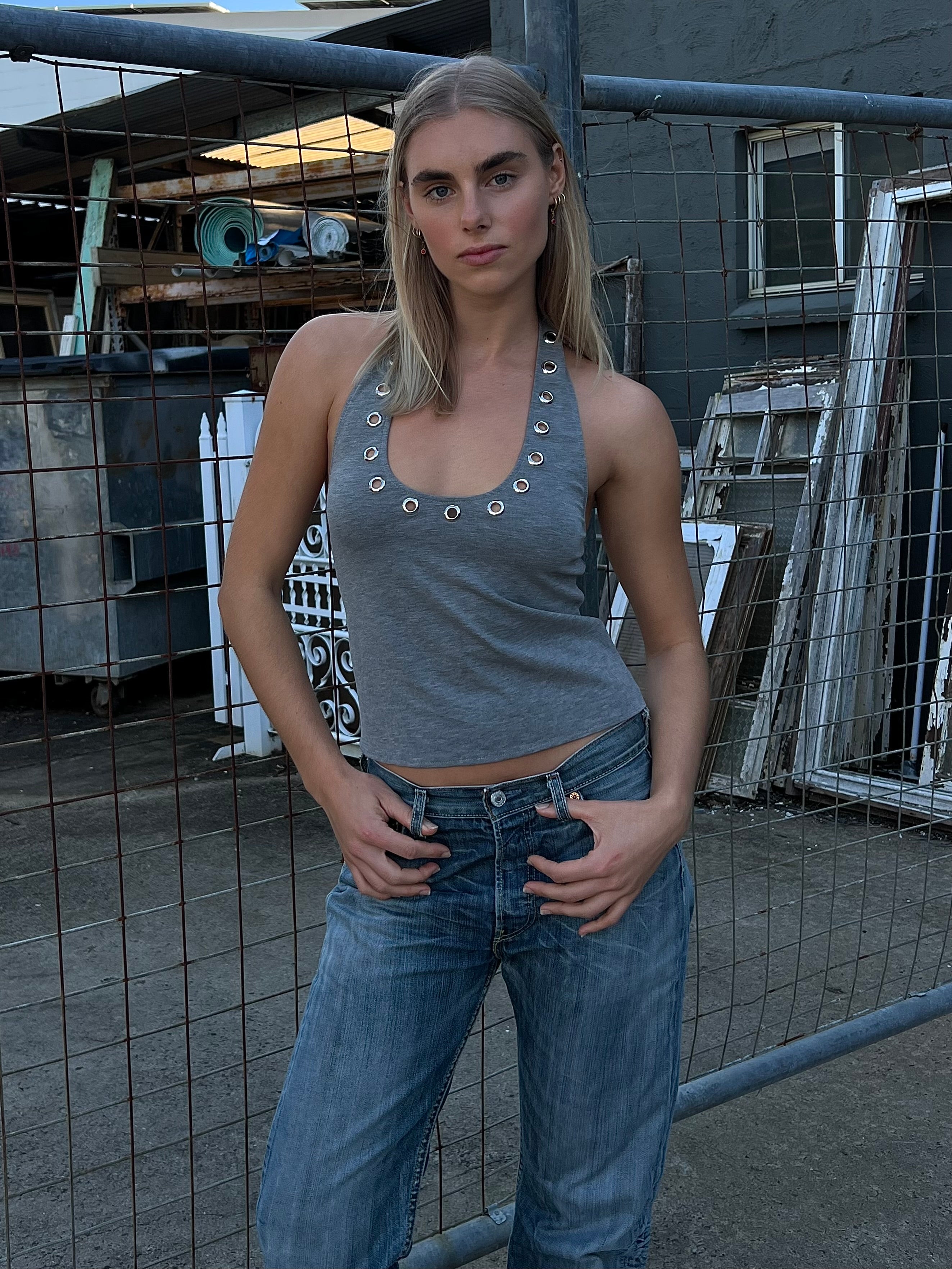 Gigi Eyelet Halter - grey