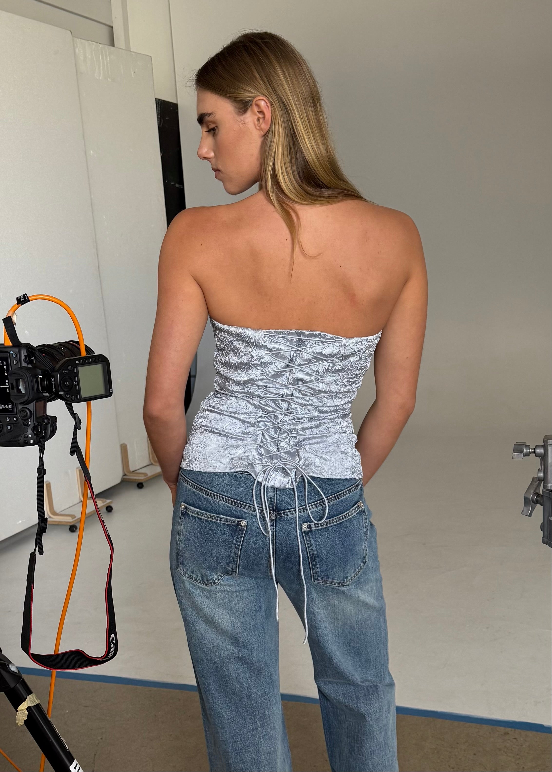 Alice Lace Up Corset - blue shimmer